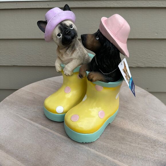 Dachshund & Pug In Rainboots Humane Society Figure Spring Dog Statue - Picture 1 of 12